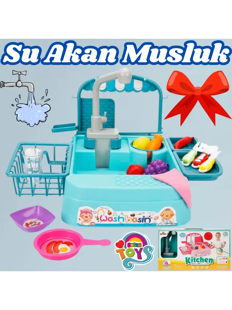 Mavi Su Akıtan Mutfak Lavabosu Seti - Çeşmeli Sesli Lavabo - Mutfak Seti - Su Akan Musluk - Akan Musluk Oyuncak