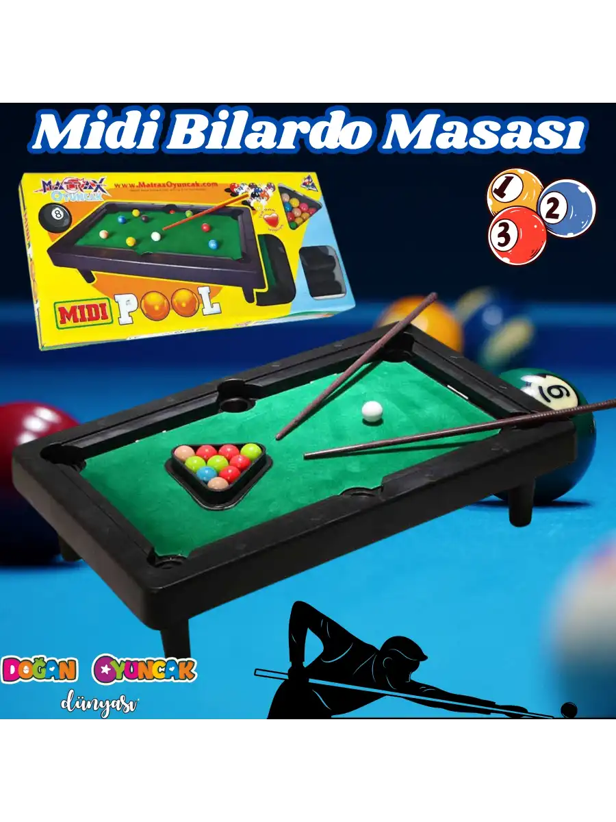 Midi Pool Orta Bilardo Masası - Bilardo Maçı - Bilardo Oyuncak - 8 Ball Oyunu - Büyük Bilardo Seti - Bilardo Oyuncağı