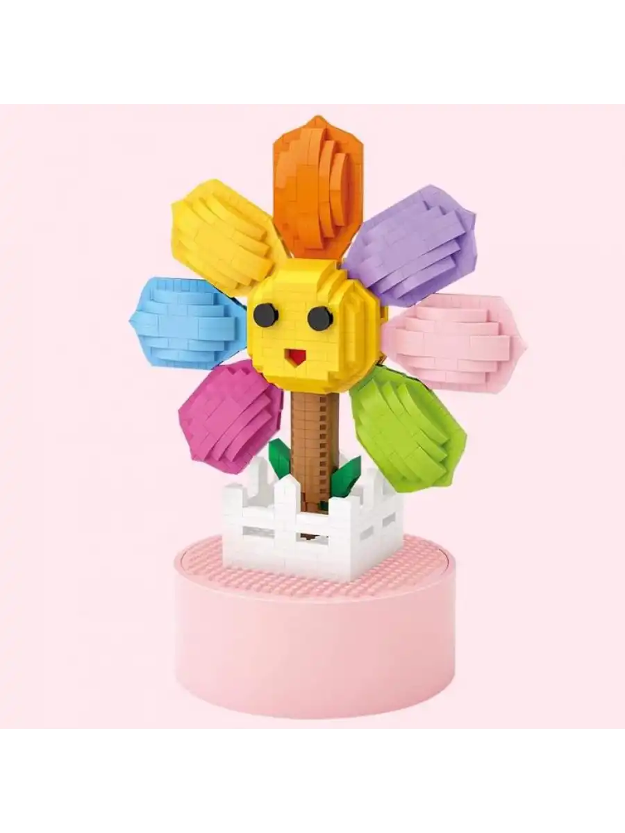 Mikro Blok Saksılı Ayçiçek Müzik Kutusu 1000 Parça - Lego Setleri - Loz Mini Lego - Çiçek Lego - Loz Lego - Mikro Bloklar