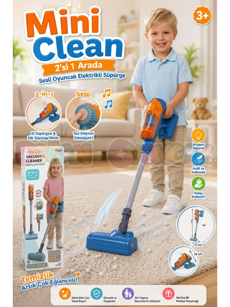 Mini Clean 2’si 1 Arada Sesli Oyuncak Elektrikli Süpürge – 70 cm