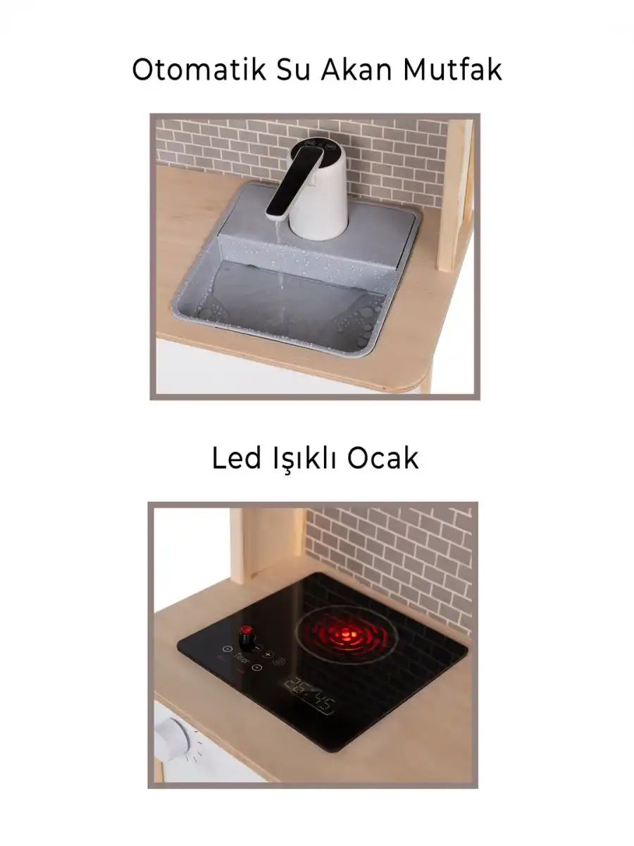 Musluktan Su Akan Işıklı Ahşap Mutfak - Ahşap Çocuk Mutfağı - Ledli Mutfak Seti -Su Akıtan Mutfak - Beyaz