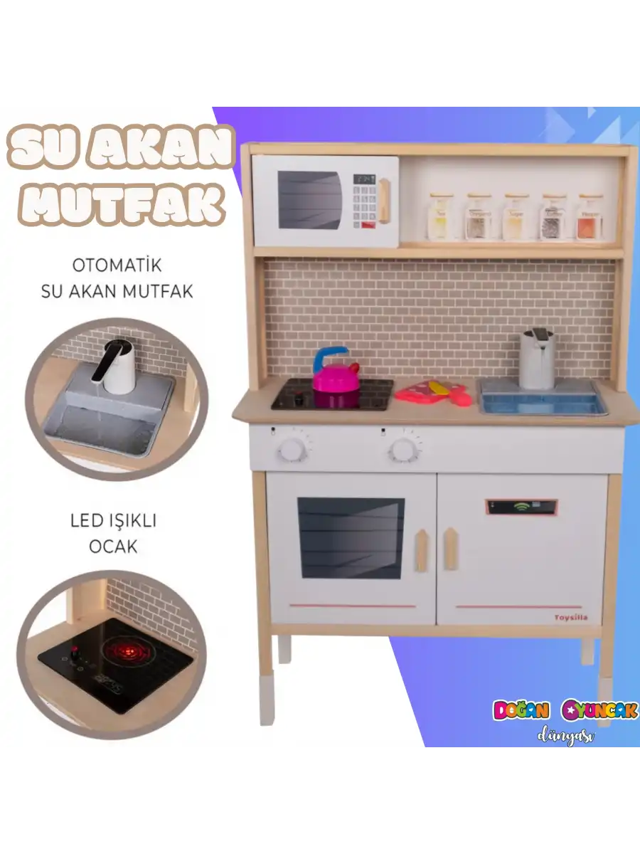 Musluktan Su Akan Işıklı Ahşap Mutfak - Ahşap Çocuk Mutfağı - Ledli Mutfak Seti -Su Akıtan Mutfak - Beyaz