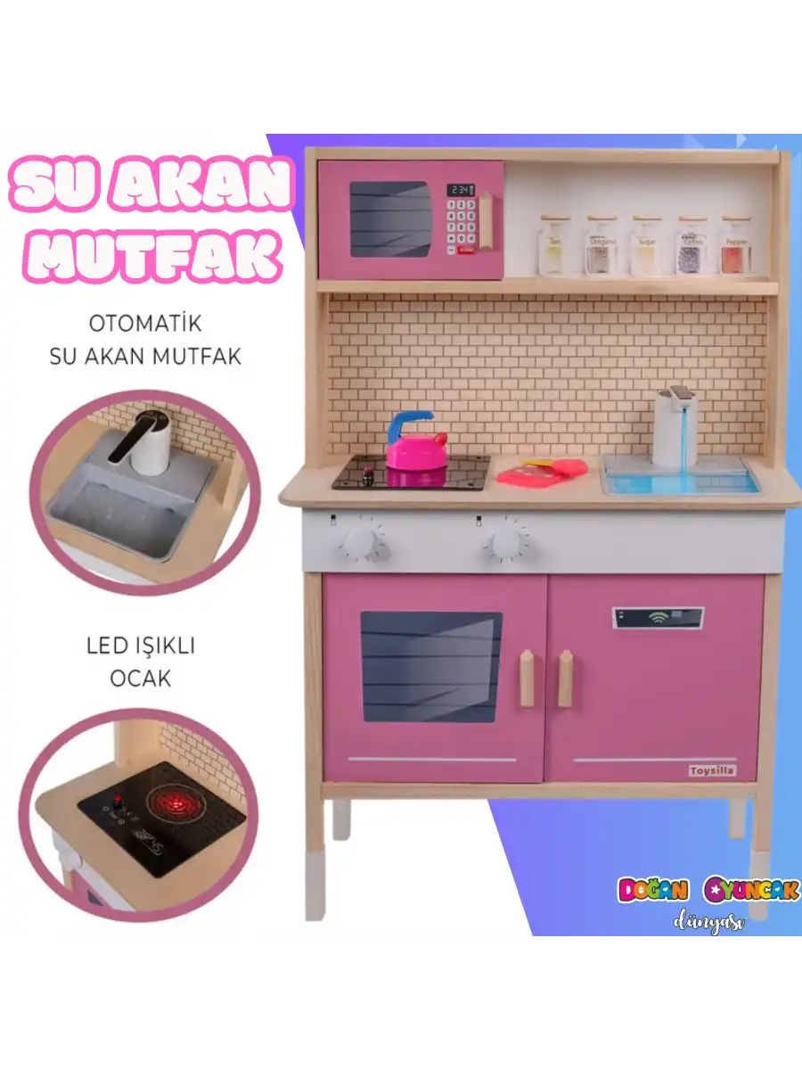 Musluktan Su Akan Işıklı Ahşap Mutfak - Ahşap Çocuk Mutfağı - Ledli Mutfak Seti -Su Akıtan Mutfak - Pembe