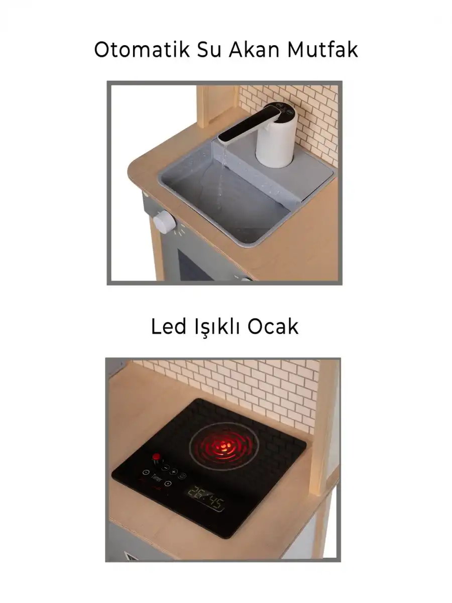 Musluktan Su Akan Işıklı Ahşap Mutfak - Ahşap Çocuk Mutfağı - Ledli Mutfak Seti -Su Akıtan Mutfak - Gri
