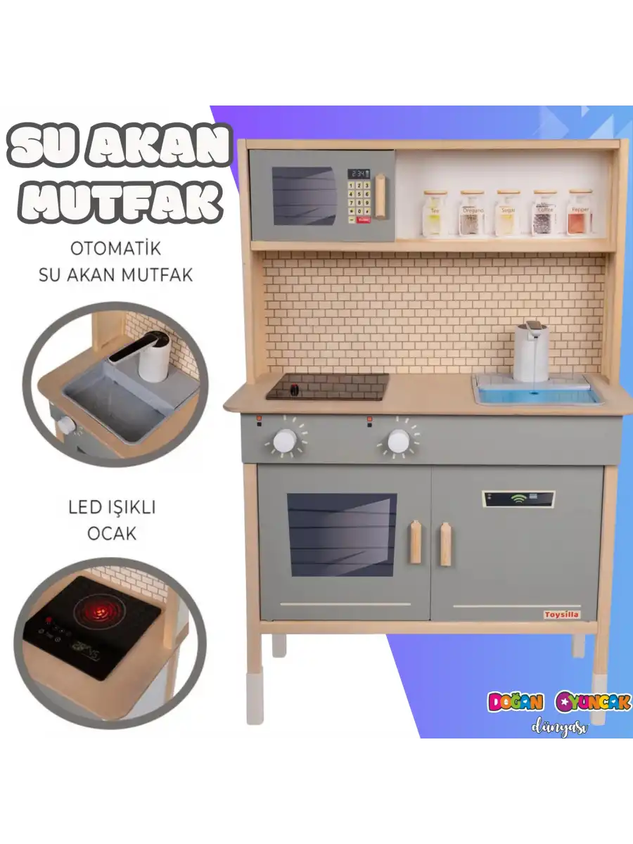 Musluktan Su Akan Işıklı Ahşap Mutfak - Ahşap Çocuk Mutfağı - Ledli Mutfak Seti -Su Akıtan Mutfak - Gri