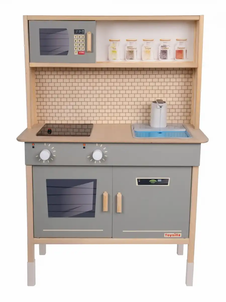 Musluktan Su Akan Işıklı Ahşap Mutfak - Ahşap Çocuk Mutfağı - Ledli Mutfak Seti -Su Akıtan Mutfak - Gri