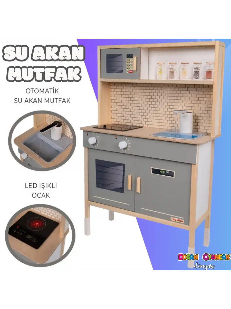 Musluktan Su Akan Işıklı Ahşap Mutfak - Ahşap Çocuk Mutfağı - Ledli Mutfak Seti -Su Akıtan Mutfak - Gri