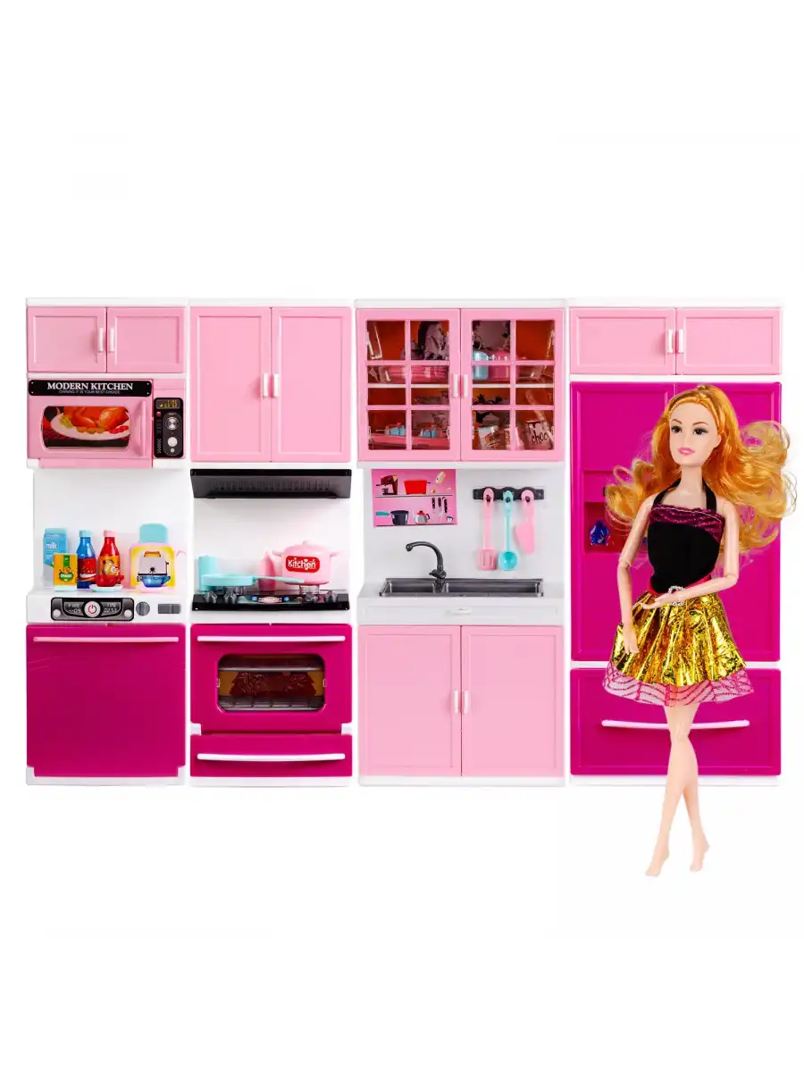 My Happy Kitchen Bebekli Dörtlü Mutfak Seti - Modern Mutfak Seti - Işıklı Sesli Mutfak Oyuncak - Fırın, Buzdolabı, Lavabo, Bulaşık