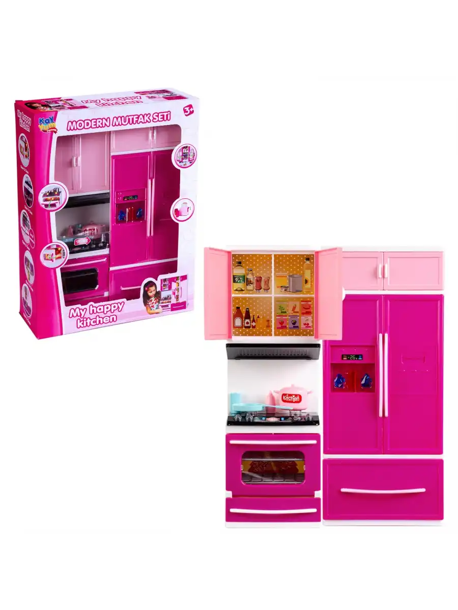 My Happy Kitchen İkili Mutfak Seti - Modern Mutfak Seti - Işıklı Sesli Mutfak Oyuncak - Buzdolabı, Fırın