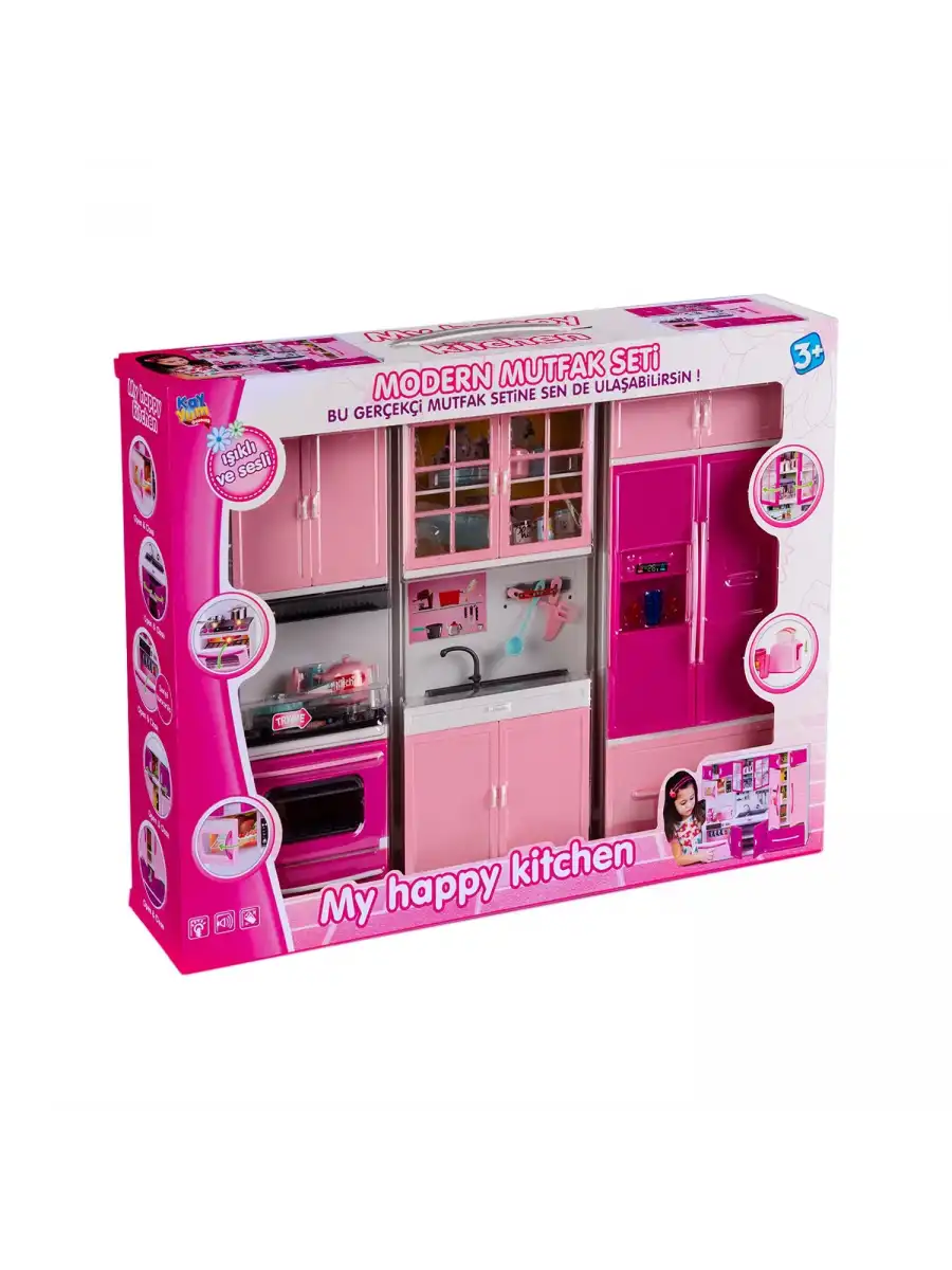 My Happy Kitchen Üçlü Mutfak Seti - Modern Mutfak Seti - Işıklı Sesli Mutfak Oyuncak - Buzdolabı, Lavabo, Fırın