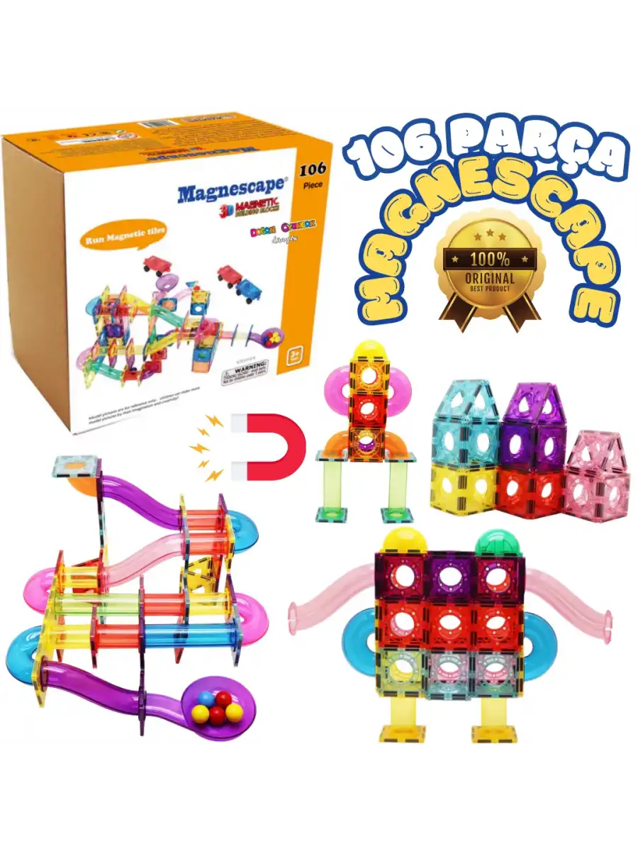 Orijinal Magnescape Magnetic Tiles 106 Parça - Magnetic Magical Magnet - Mıknatıslı Lego Magnescape