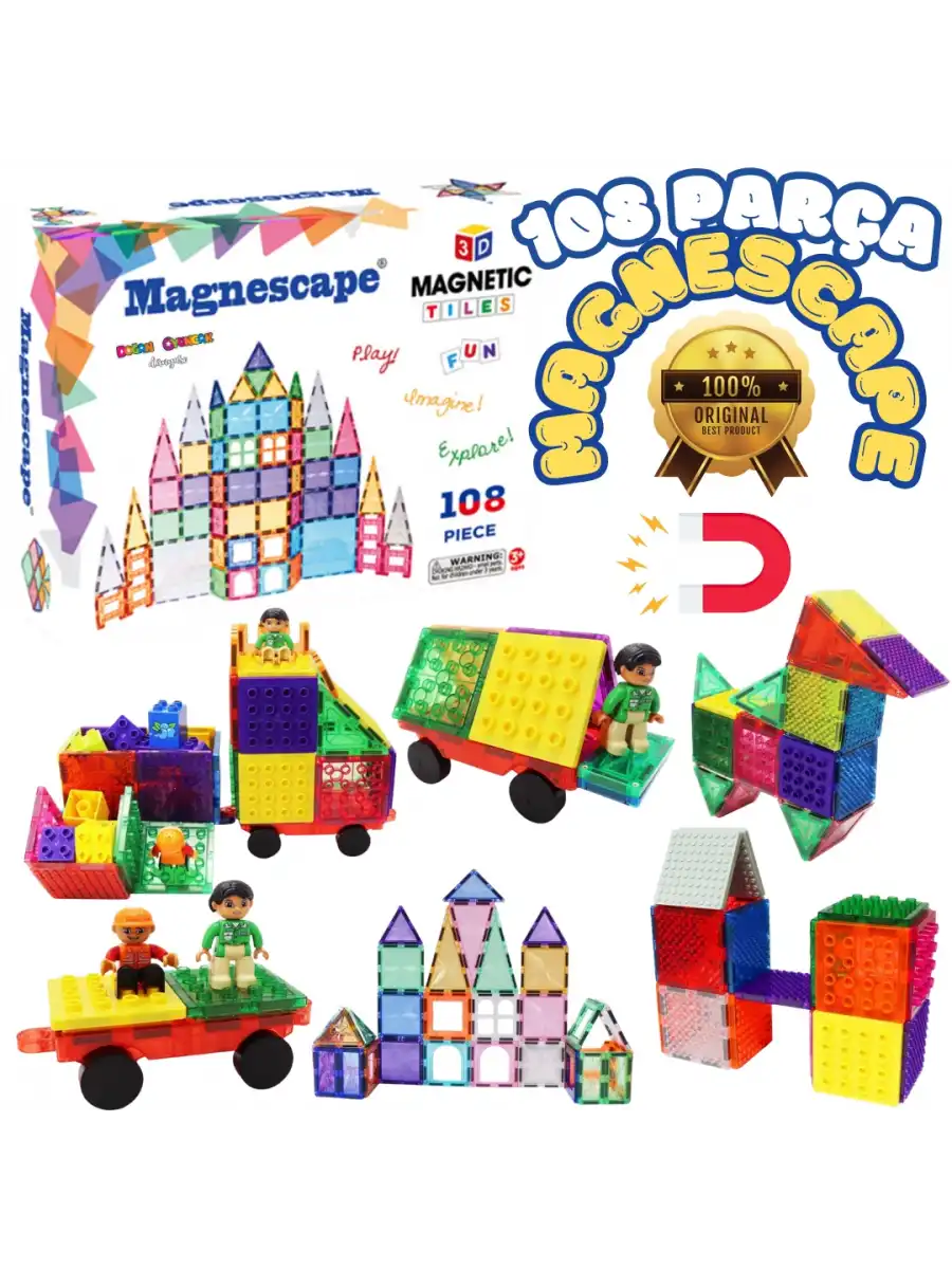 Orijinal Magnescape Magnetic Tiles 108 Parça - Magnetic Magical Magnet - Mıknatıslı Lego Magnescape