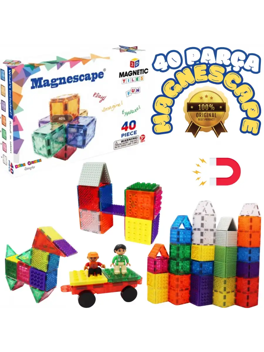 Orijinal Magnescape Magnetic Tiles 40 Parça - Magnetic Magical Magnet - Mıknatıslı Lego Magnescape