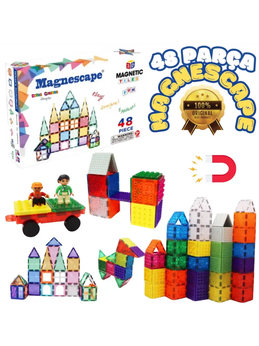 Orijinal Magnescape Magnetic Tiles 48 Parça - Magnetic Magical Magnet - Mıknatıslı Lego Magnescape