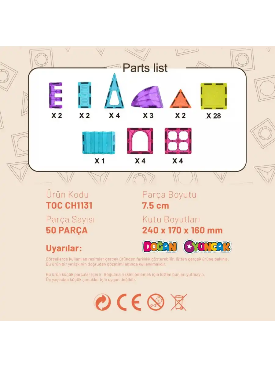 Orijinal Magnetic Tiles 50 Parça Manyetik Lego - Magnetic Magical Magnet - Mıknatıslı Lego