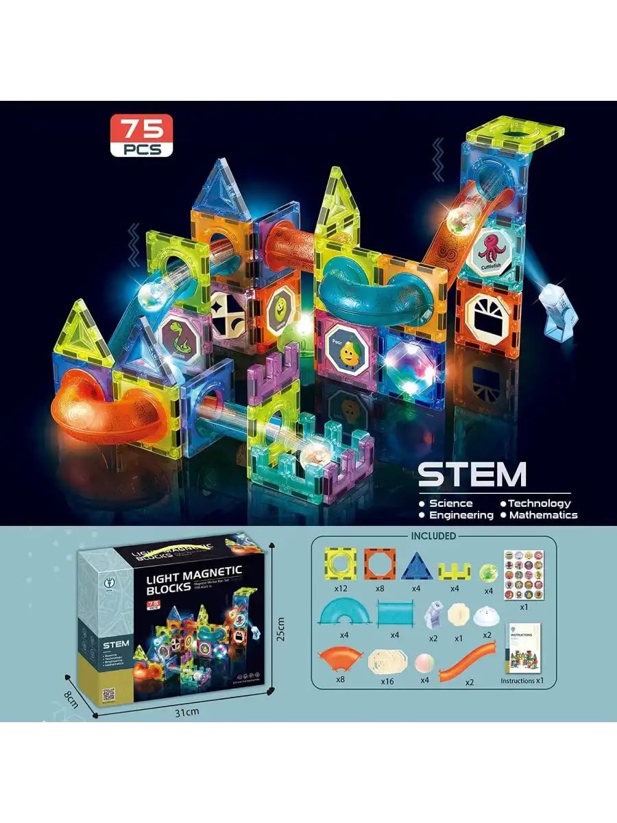 Orijinal Magnetic Tiles Light Version 75 Parça Işıklı Manyetik Lego - Magnetic Magical Işıklı Magnet - Ledli Mıknatıslı Lego