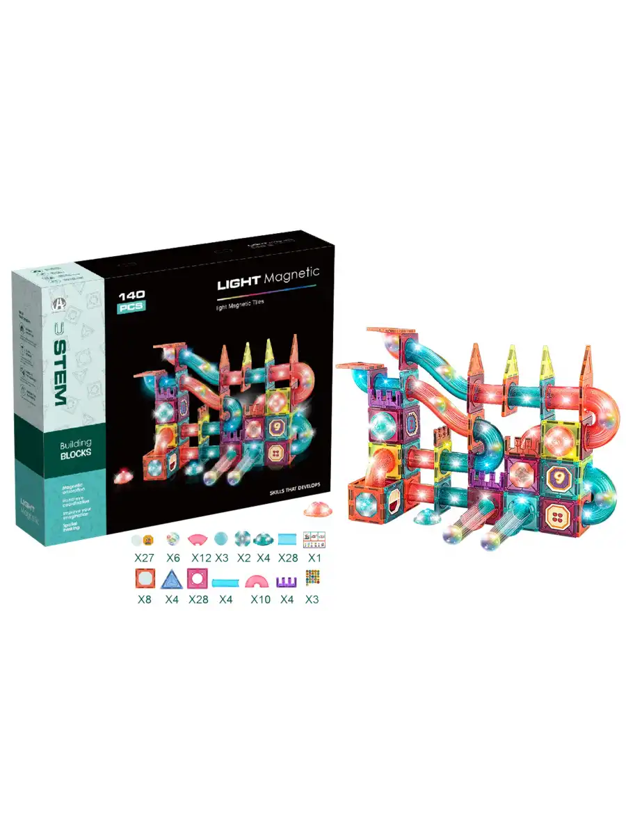 Orijinal Magnetic Tiles Light Version 140 Parça Işıklı Manyetik Lego - Magnetic Magical Işıklı Magnet - Ledli Mıknatıslı Lego