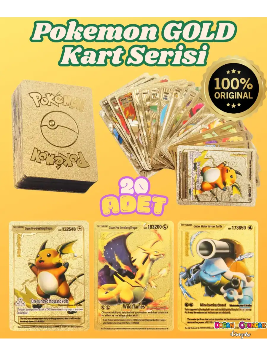 Orijinal Pokemon Kart Gold Serisi 20li Paket - Pokemon Oyun Kartları - Pikachu Koleksiyonluk Kartı