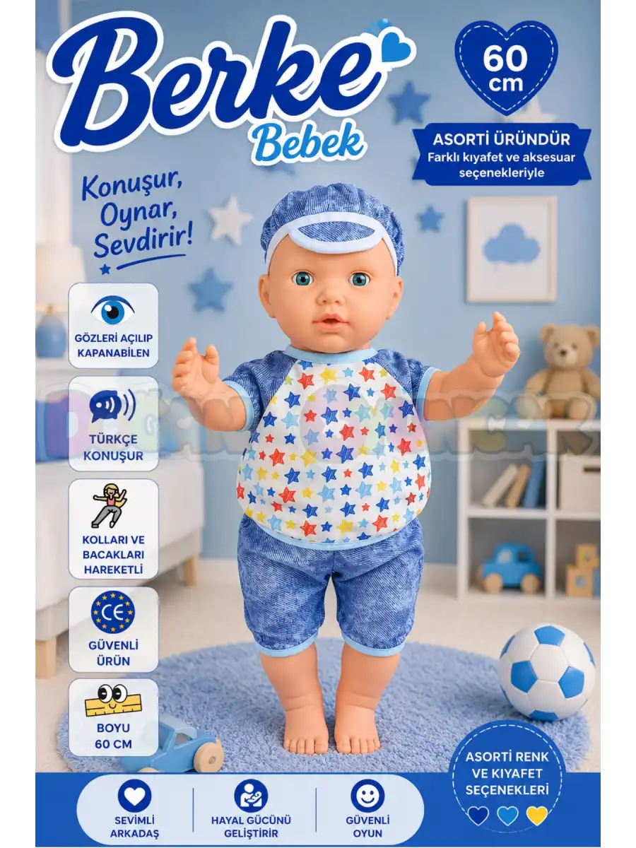 Oynar Gözlü Türkçe Konuşan Berke Kel Et Bebek 60 Cm. - Konuşabilen Bebek - Kel Büyük Bebek