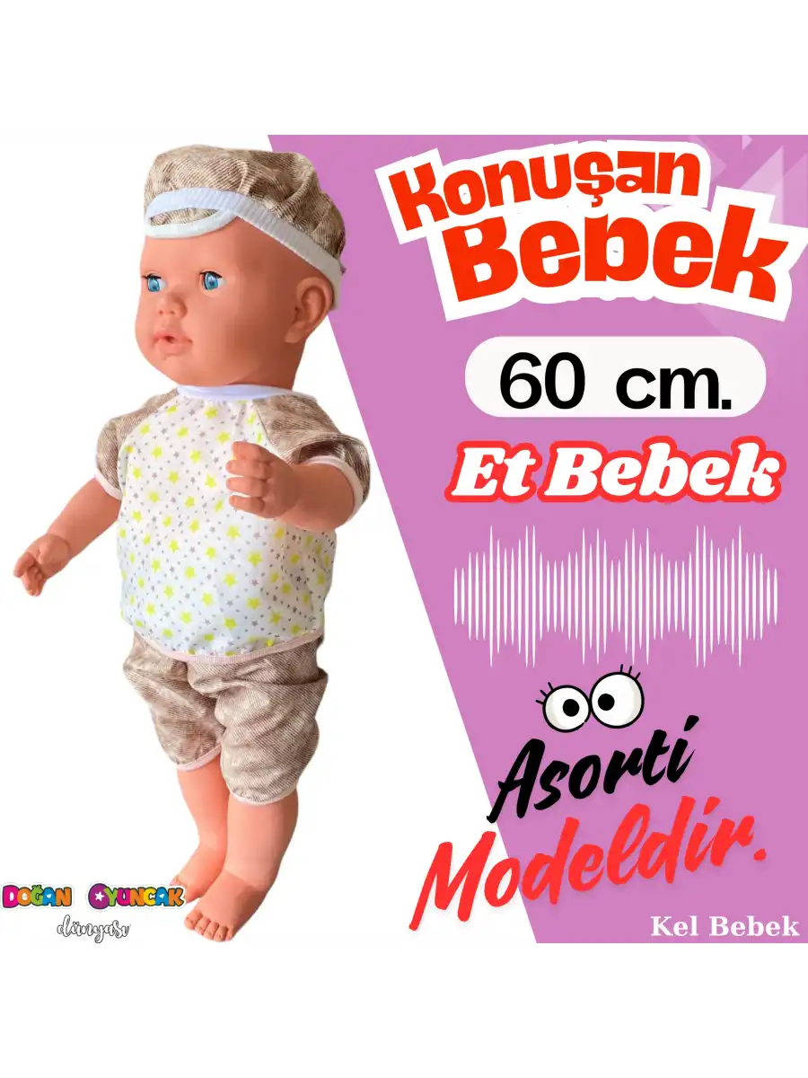 Oynar Gözlü Türkçe Konuşan Berke Kel Et Bebek 60 Cm. - Konuşabilen Bebek - Kel Büyük Bebek