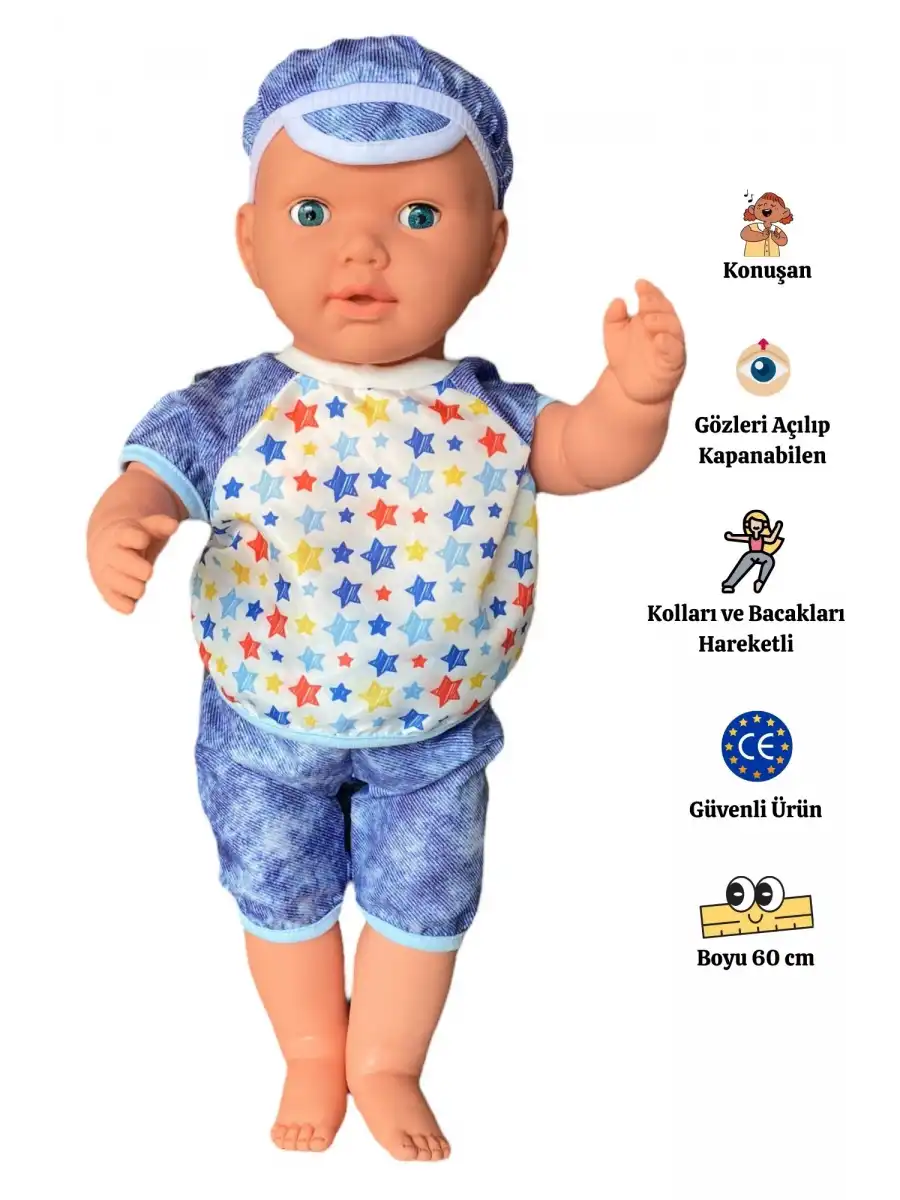 Oynar Gözlü Türkçe Konuşan Berke Kel Et Bebek 60 Cm. - Konuşabilen Bebek - Kel Büyük Bebek