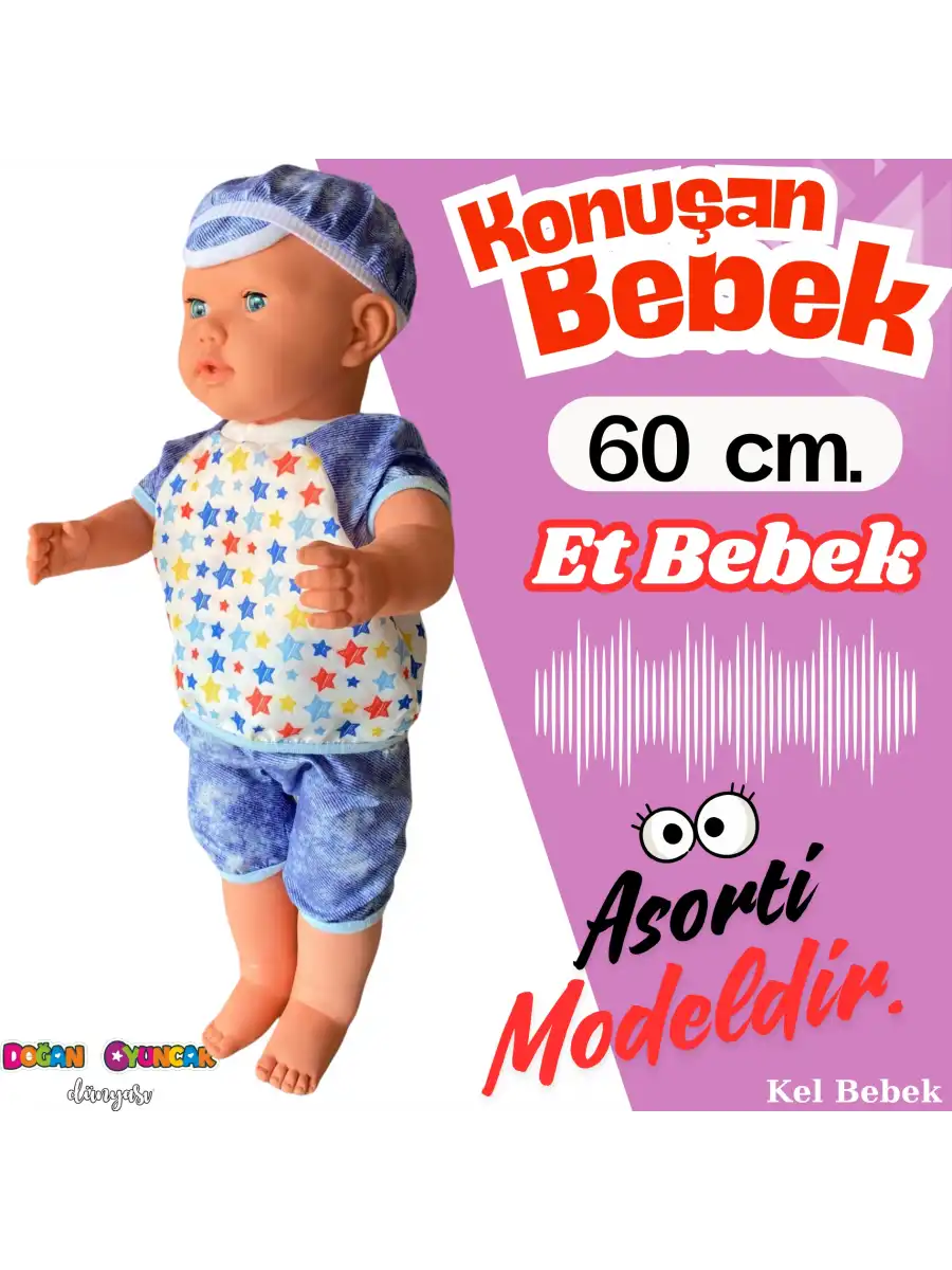 Oynar Gözlü Türkçe Konuşan Berke Kel Et Bebek 60 Cm. - Konuşabilen Bebek - Kel Büyük Bebek