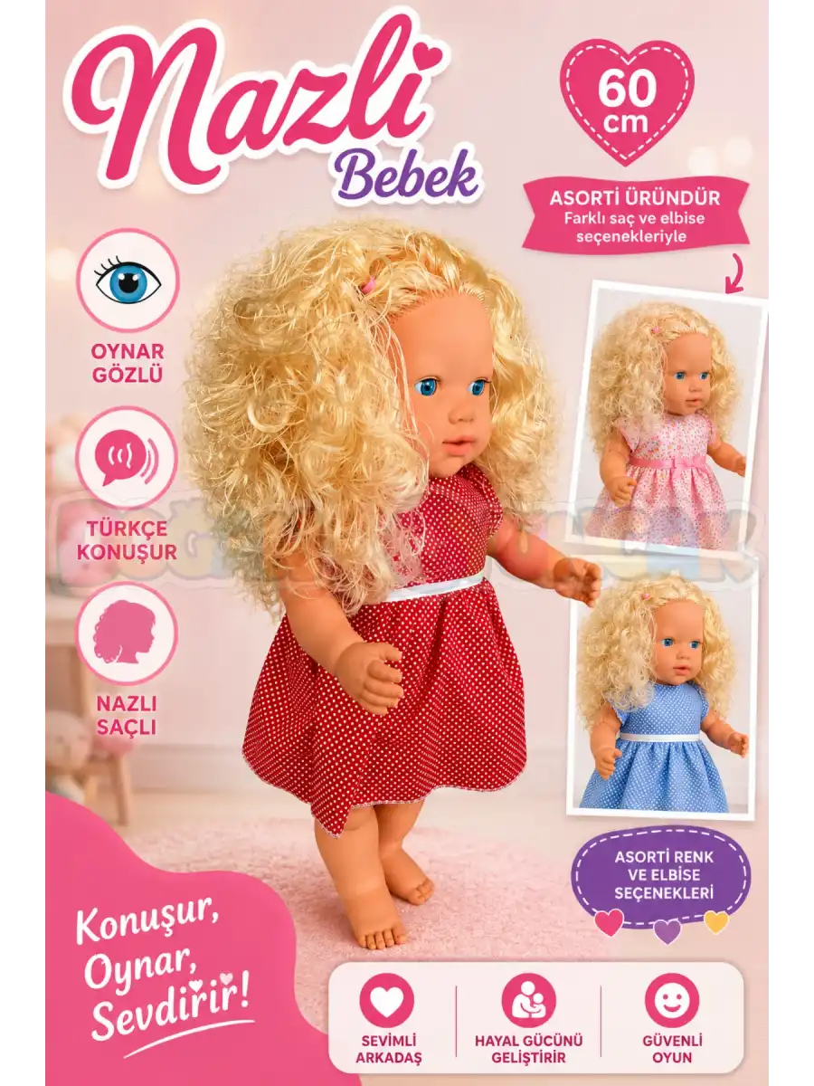 Oynar Gözlü Türkçe Konuşan Nazlı Saçlı Et Bebek 60 Cm. - Konuşabilen Bebek - Saçlı Büyük Bebek
