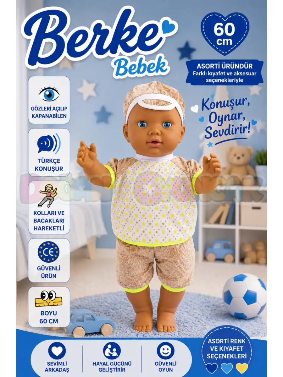 Oynar Gözlü Türkçe Konuşan Siyahi Berke Kel Et Bebek 60 Cm. - Konuşabilen Bebek - Kel Büyük Bebek