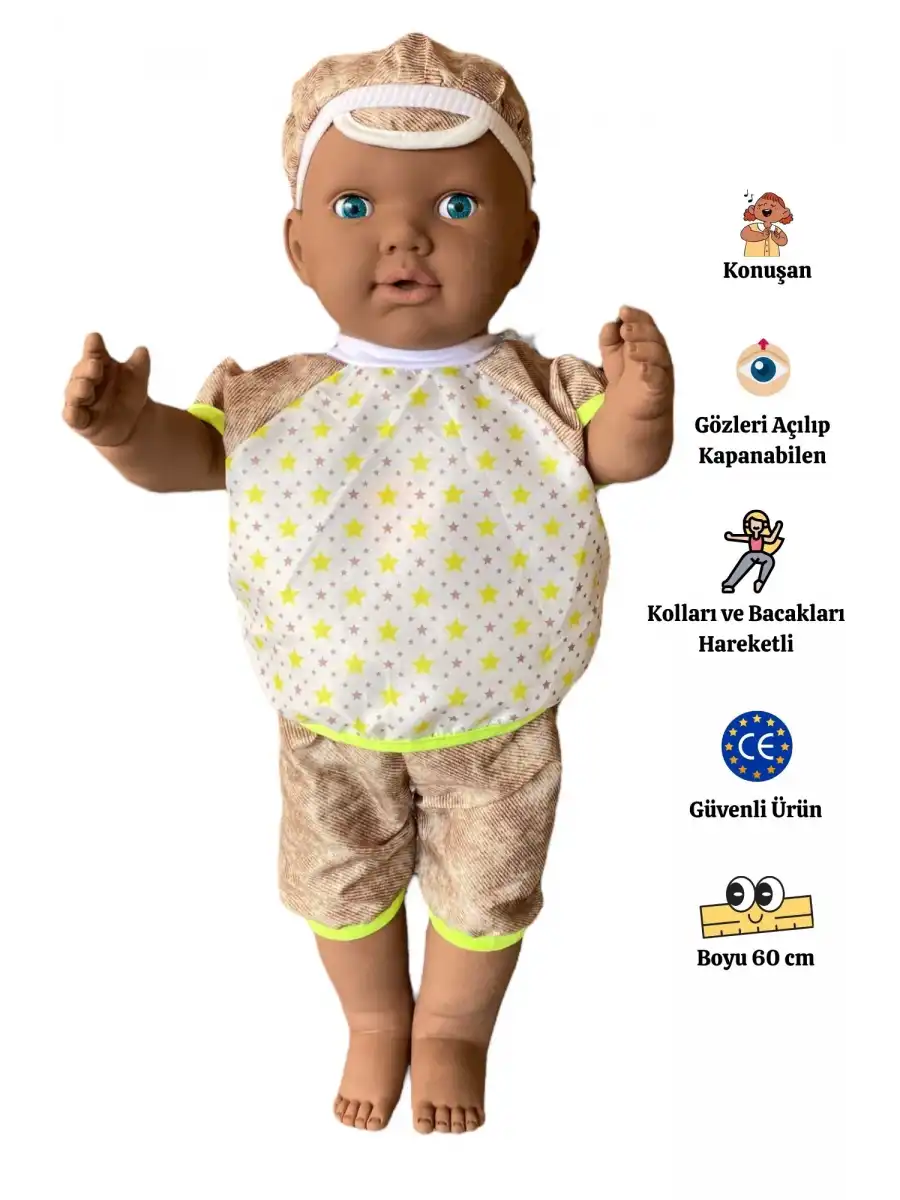 Oynar Gözlü Türkçe Konuşan Siyahi Berke Kel Et Bebek 60 Cm. - Konuşabilen Bebek - Kel Büyük Bebek