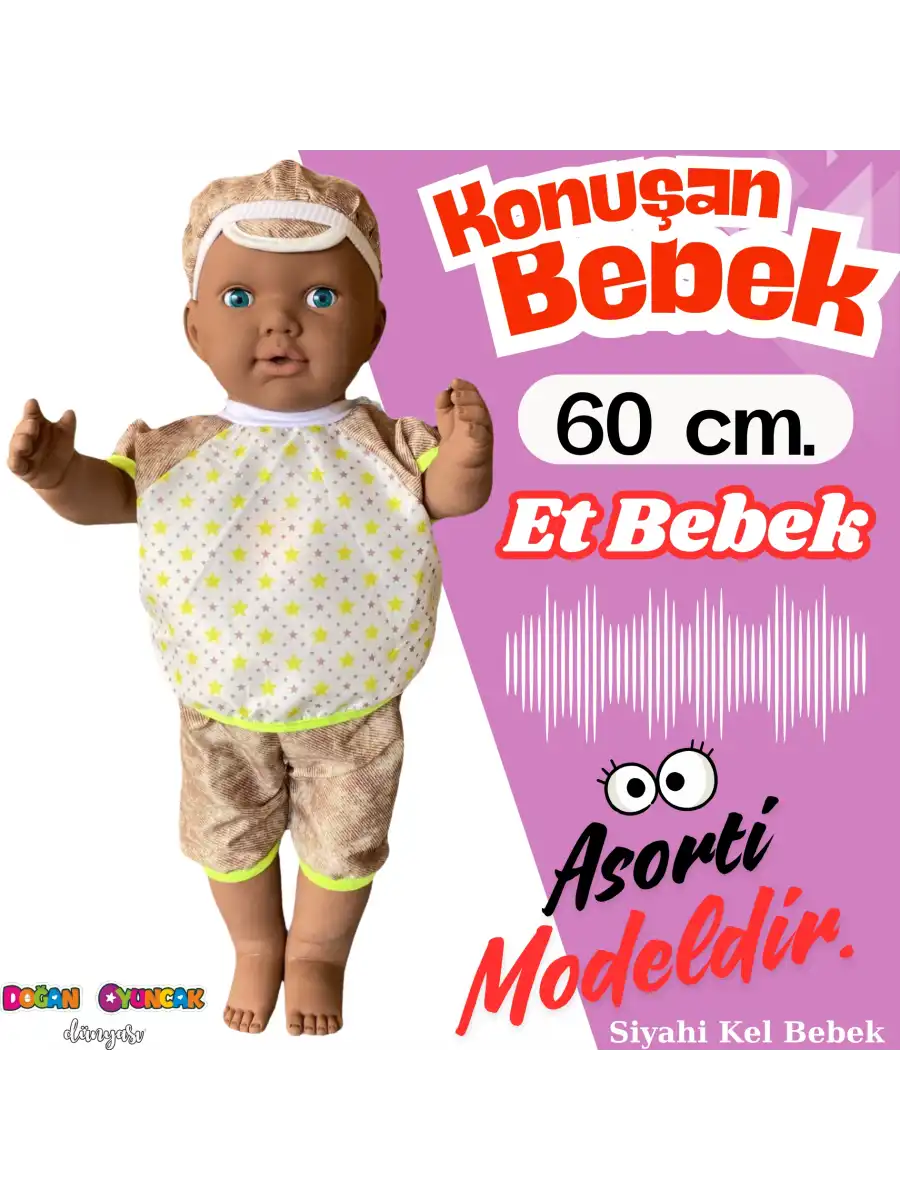 Oynar Gözlü Türkçe Konuşan Siyahi Berke Kel Et Bebek 60 Cm. - Konuşabilen Bebek - Kel Büyük Bebek