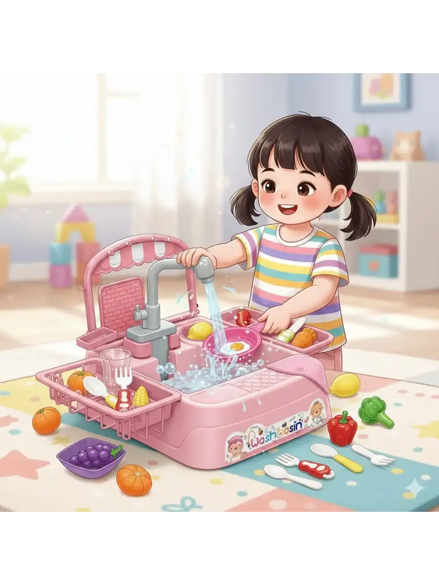 Pembe Su Akıtan Mutfak Lavabosu Seti - Çeşmeli Sesli Lavabo - Mutfak Seti - Su Akan Musluk - Akan Musluk Oyuncak