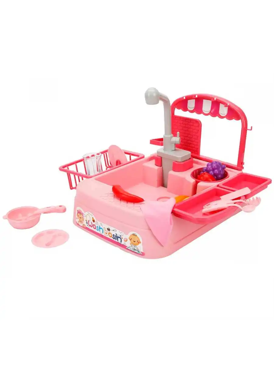 Pembe Su Akıtan Mutfak Lavabosu Seti - Çeşmeli Sesli Lavabo - Mutfak Seti - Su Akan Musluk - Akan Musluk Oyuncak