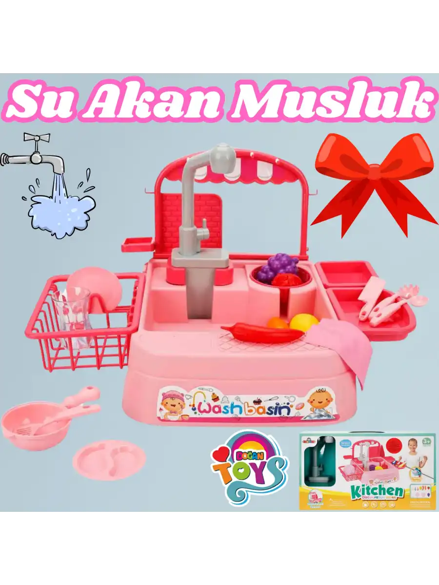 Pembe Su Akıtan Mutfak Lavabosu Seti - Çeşmeli Sesli Lavabo - Mutfak Seti - Su Akan Musluk - Akan Musluk Oyuncak