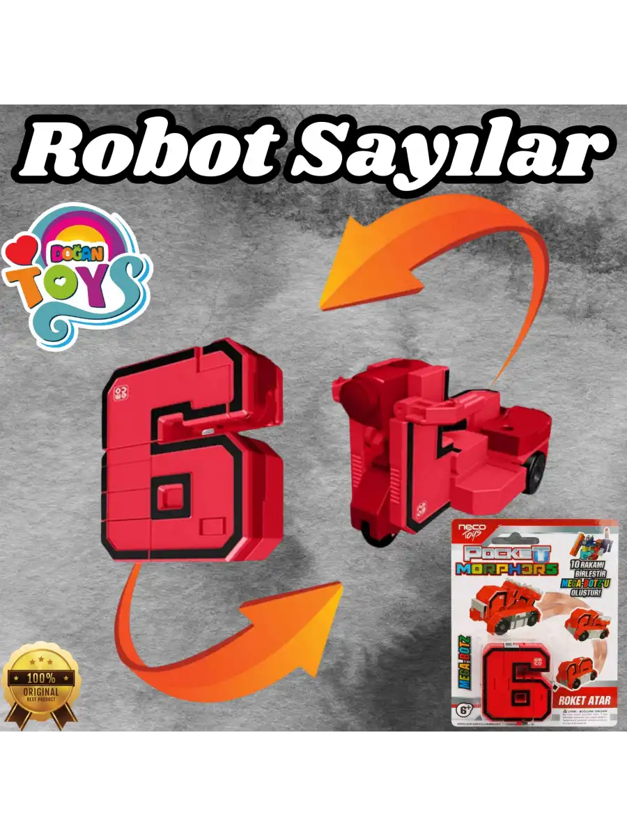 Pocket Morphers 6 Roket Atar - Roboto Dönüşen Sayılar - 6 Numara Robot - Transformers - Robot Sayı