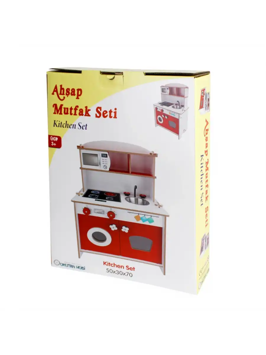 Pratik Hamarat Ahşap Mutfak - Ahşap Çocuk Mutfağı - Mutfak Seti - Kapaklı Mutfak - Kırmızı