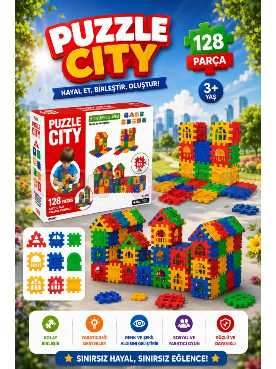 Puzzle City (128 Parça) - Lego Setleri - Ev Blokları - Şekilli Lego - Kare Bloklar