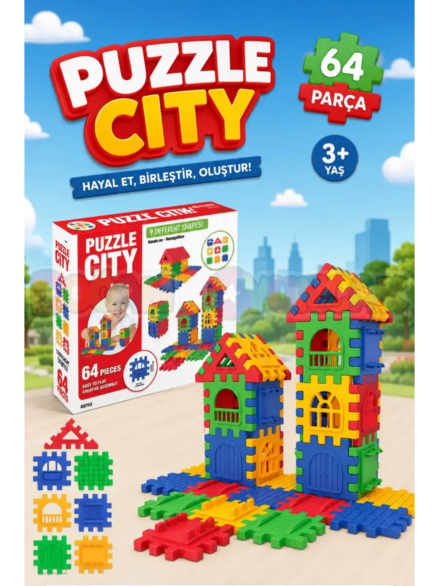 Puzzle City (64 Parça) - Lego Setleri - Ev Blokları - Şekilli Lego - Kare Bloklar