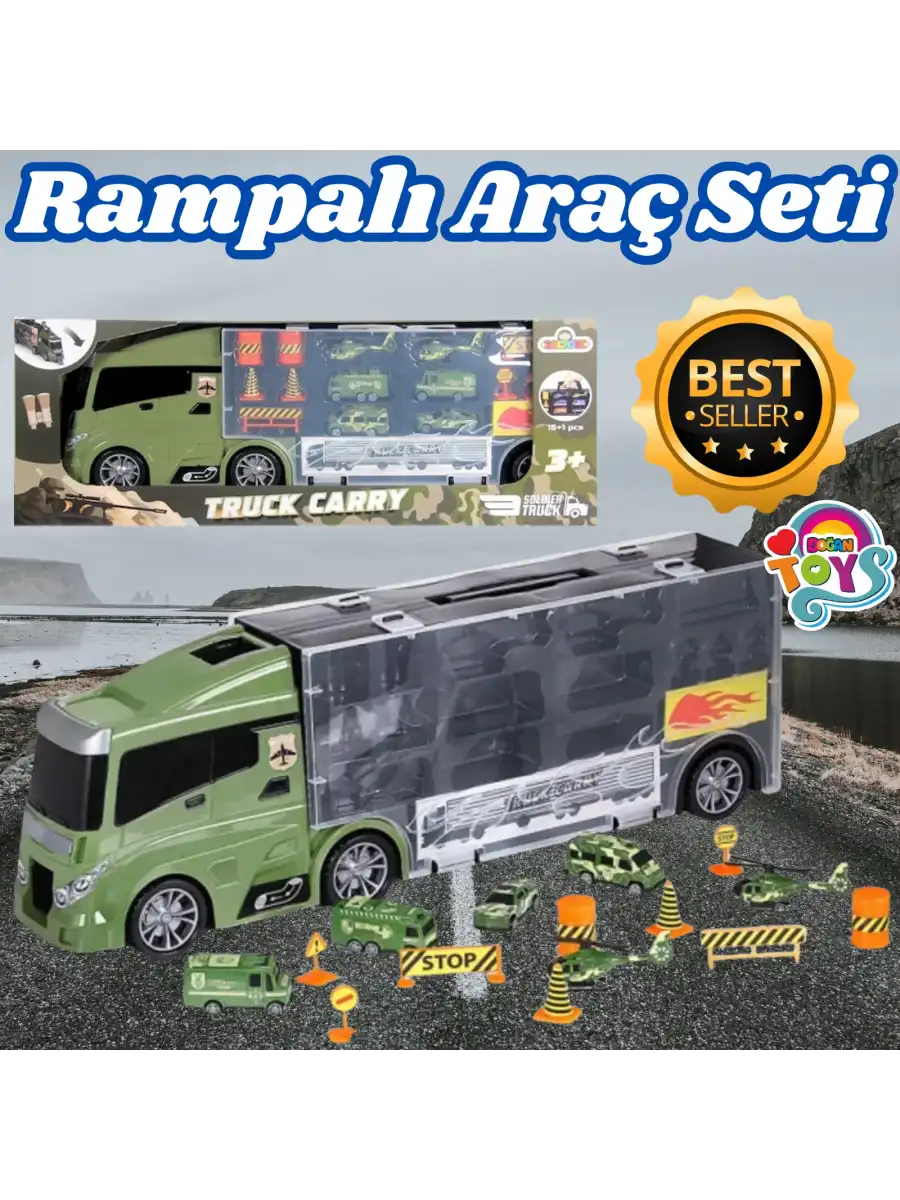 Rampalı Askeri Tır Seti - Askeri Taşıyıcı Tır - Kaydıraklı Kamyon - Araç Yol Seti - Tır Yol Seti - Oyuncak Araç Seti