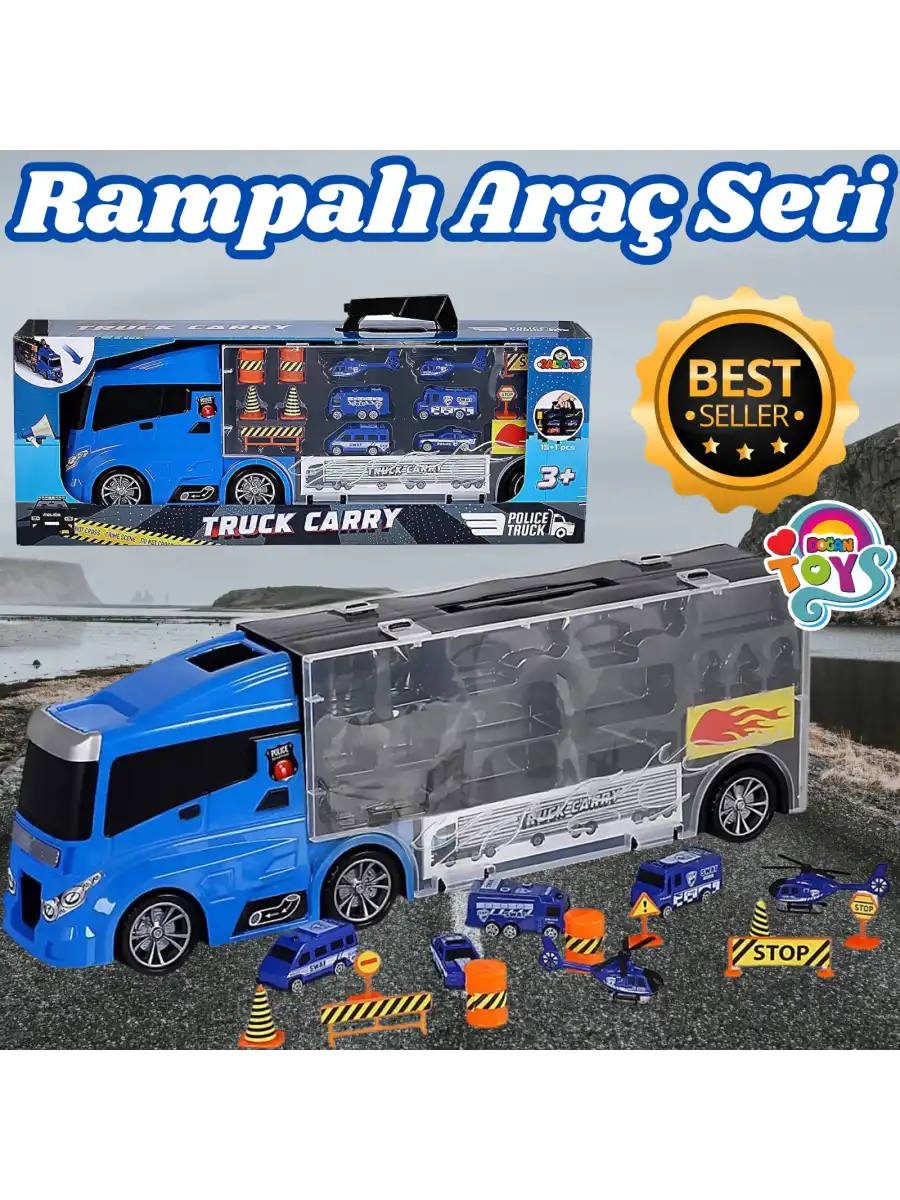 Rampalı Polis Tır Seti - Polis Taşıyıcı Tır - Kaydıraklı Kamyon - Araç Yol Seti - Tır Yol Seti - Oyuncak Araç Seti