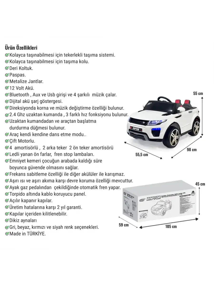 Raptor GT Beyaz Uzaktan Kumandalı 4X2 12 Volt Akülü Araba - RC Land Rover Akülü Araba Range Rover