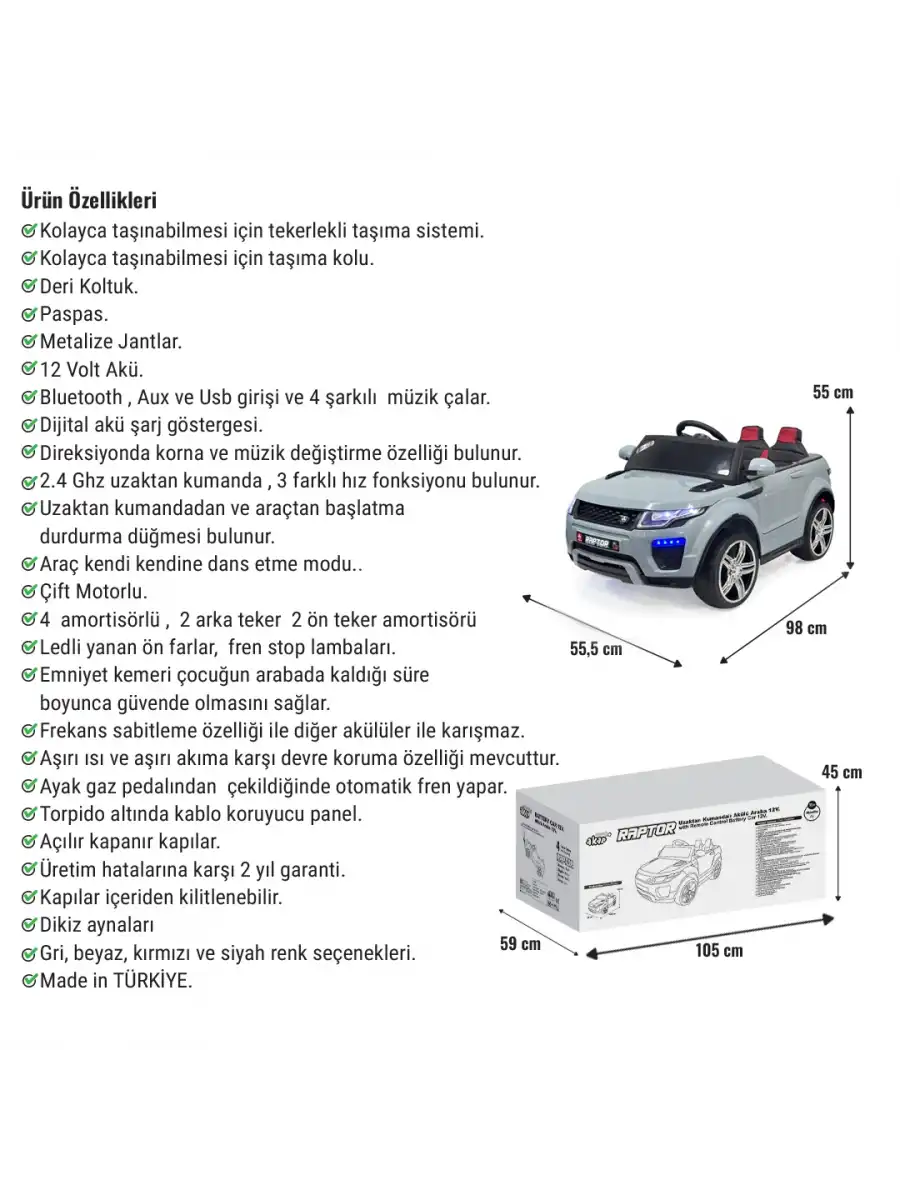 Raptor GT Gri Uzaktan Kumandalı 4X2 12 Volt Akülü Araba - RC Land Rover Akülü Araba Range Rover