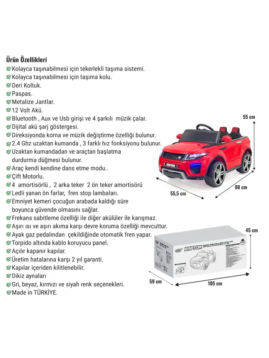 Raptor GT Kırmızı Uzaktan Kumandalı 4X2 12 Volt Akülü Araba - RC Land Rover Akülü Araba Range Rover