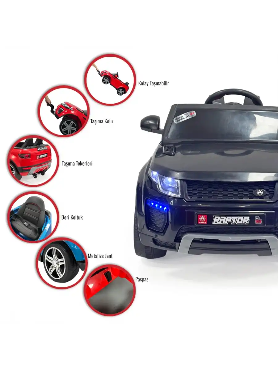 Raptor GT Siyah Uzaktan Kumandalı 4X2 12 Volt Akülü Araba - RC Land Rover Akülü Araba Range Rover