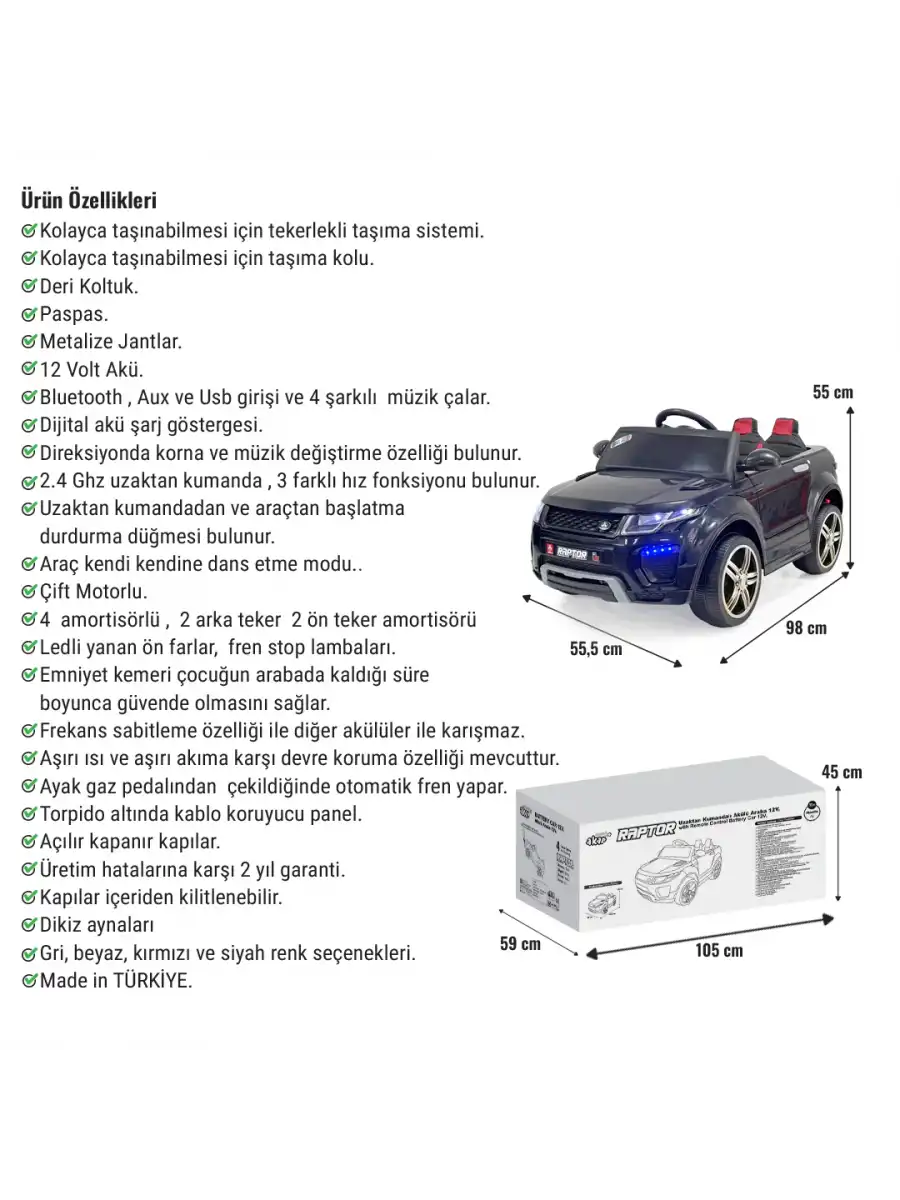 Raptor GT Siyah Uzaktan Kumandalı 4X2 12 Volt Akülü Araba - RC Land Rover Akülü Araba Range Rover