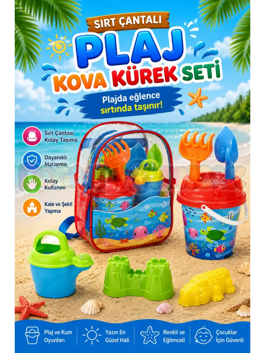 Resimli Sırt Çantalı Plaj Kova Kürek Seti 03499