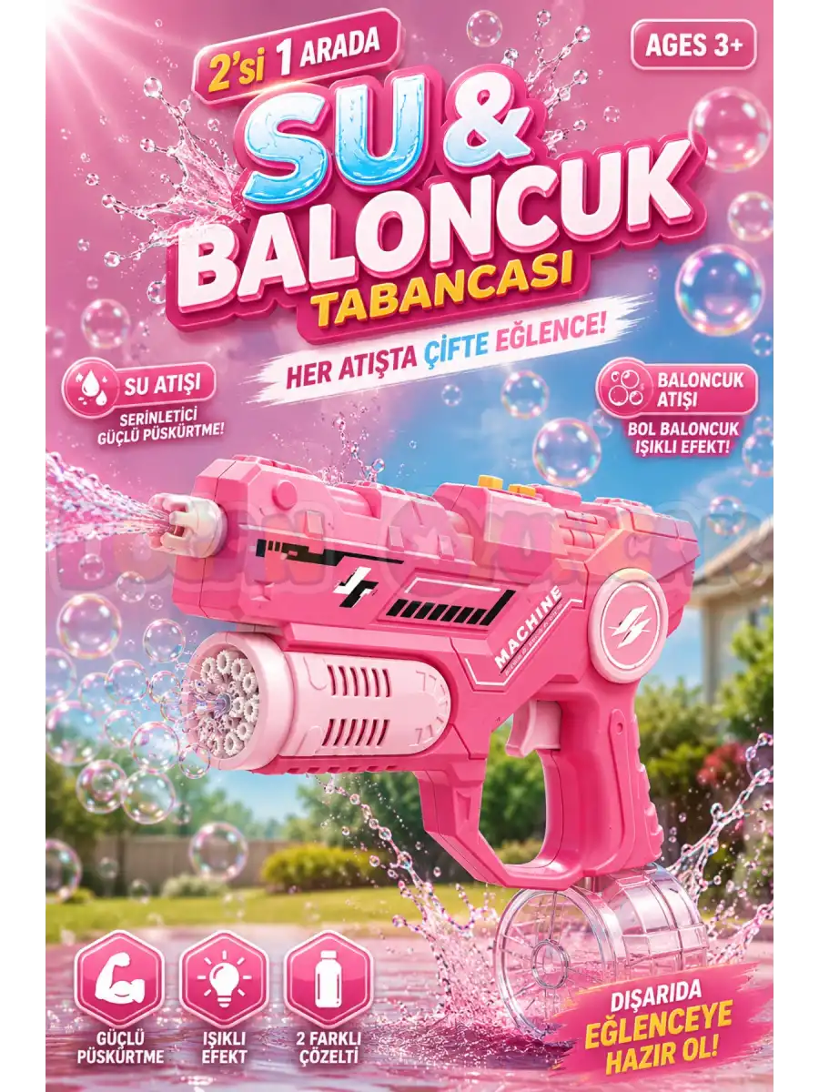 Şarjlı 2si 1 Arada Su Tabancası ve Baloncuk Tabancası Pembe - Elektirikli Water Gun Köpük Tabancası