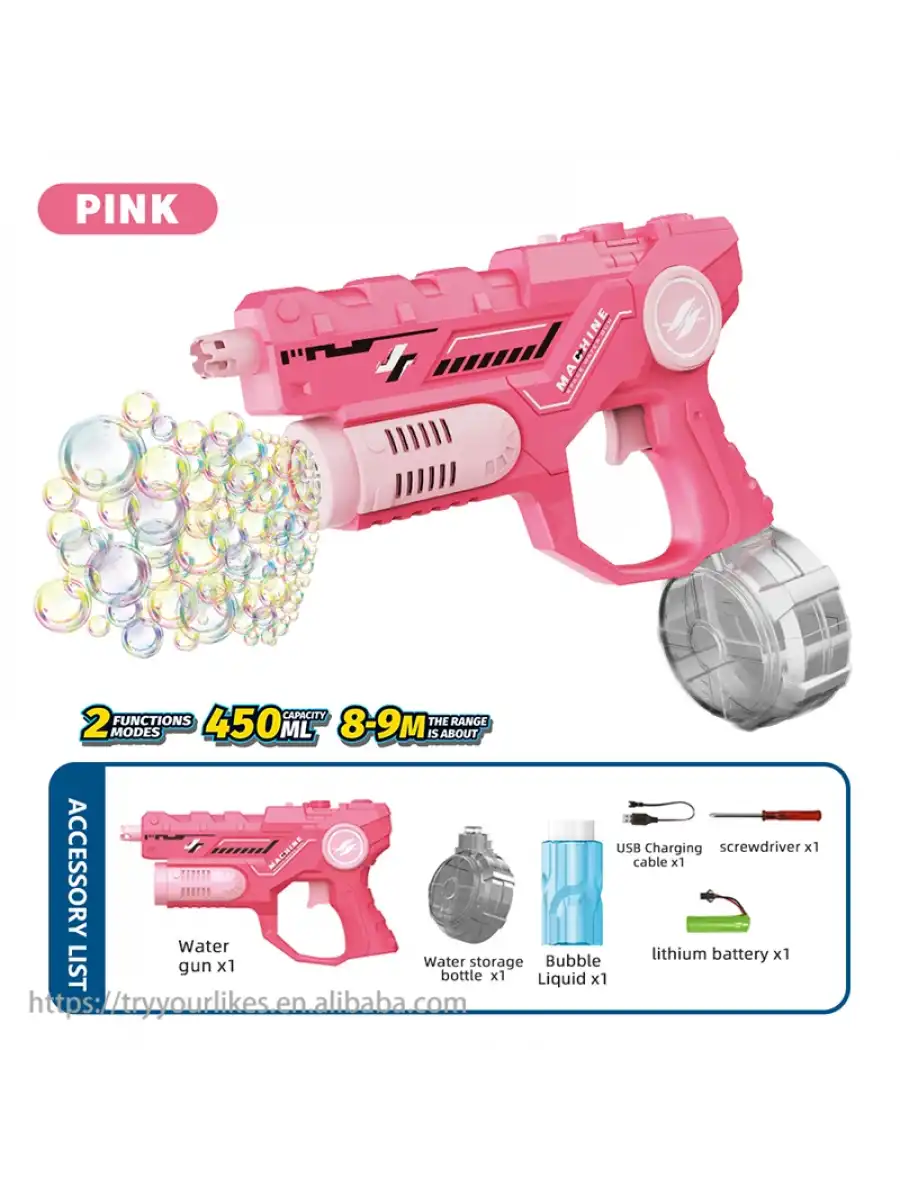 Şarjlı 2si 1 Arada Su Tabancası ve Baloncuk Tabancası Pembe - Elektirikli Water Gun Köpük Tabancası