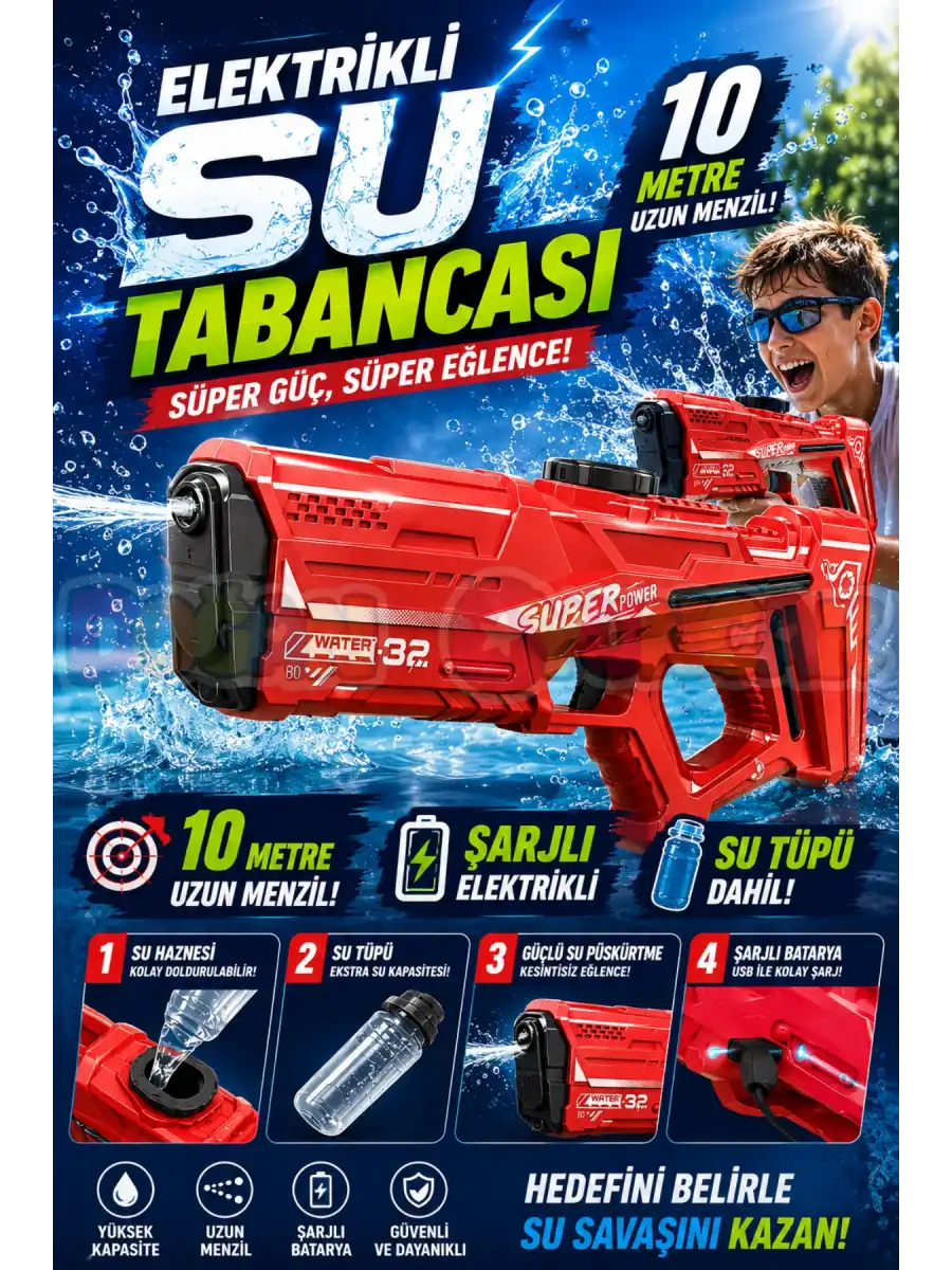 Şarjlı Su Tabancası 10 Metre Menzilli - Water Gun Elektirikli Su Eğlencesi Su Silahı Super Power
