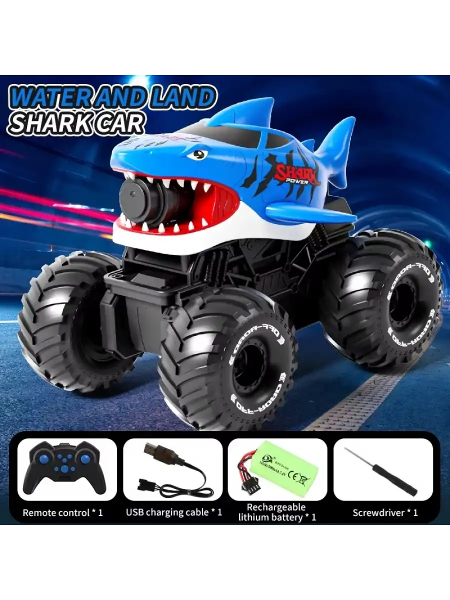 Shark Amphibious Racing Car Mavi - Uzaktan Kumandalı Su Atan Saatli Köpek Balığı - Saat Kontröllü