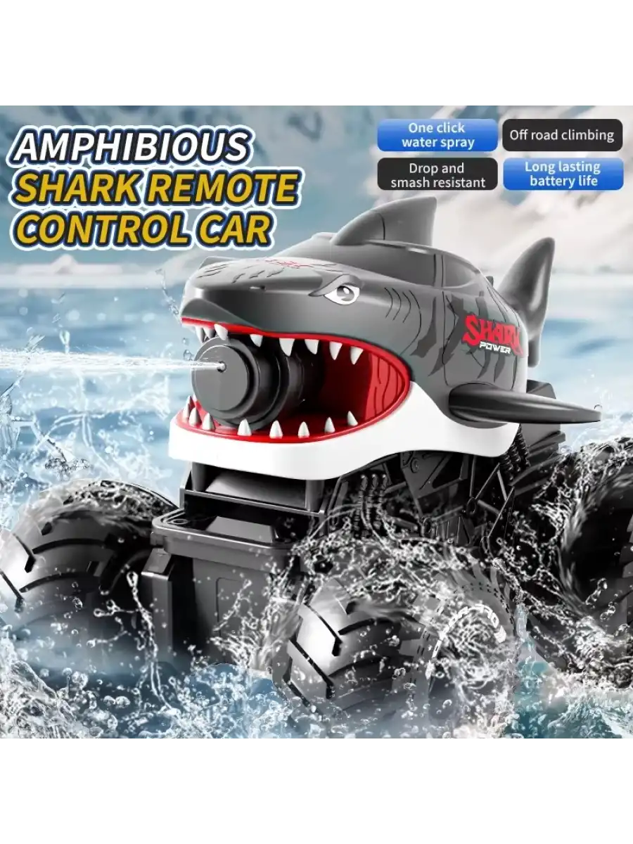 Shark Amphibious Racing Car Mavi - Uzaktan Kumandalı Su Atan Saatli Köpek Balığı - Saat Kontröllü